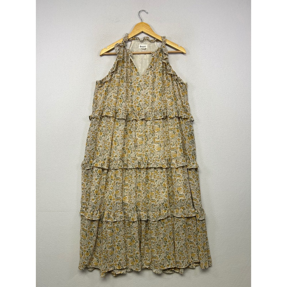 Floral Cottagecore &merci Womens Large Yellow Tiered Ruffle Halter Maxi Dress